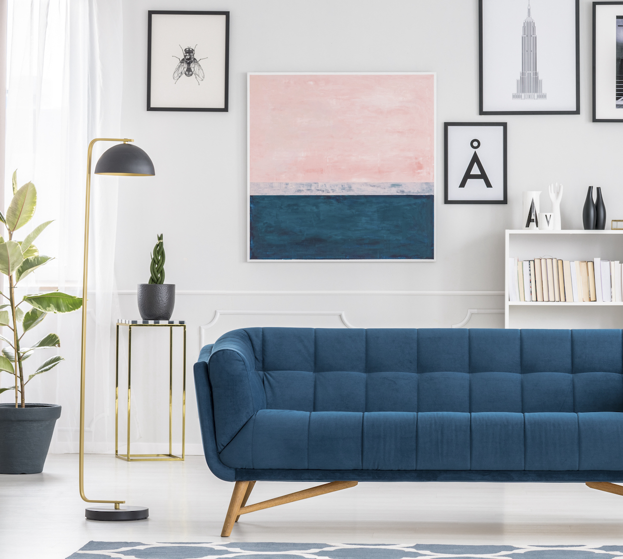 Comfy, blue couch set in white living room interior with bookshelf and paintings